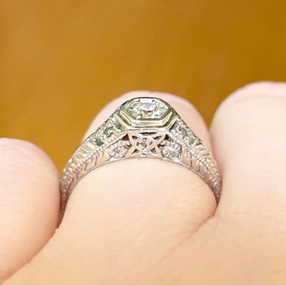 14K White Gold Art Deco Diamond Engagement Ring, Size 6 - Picture 7 of 10